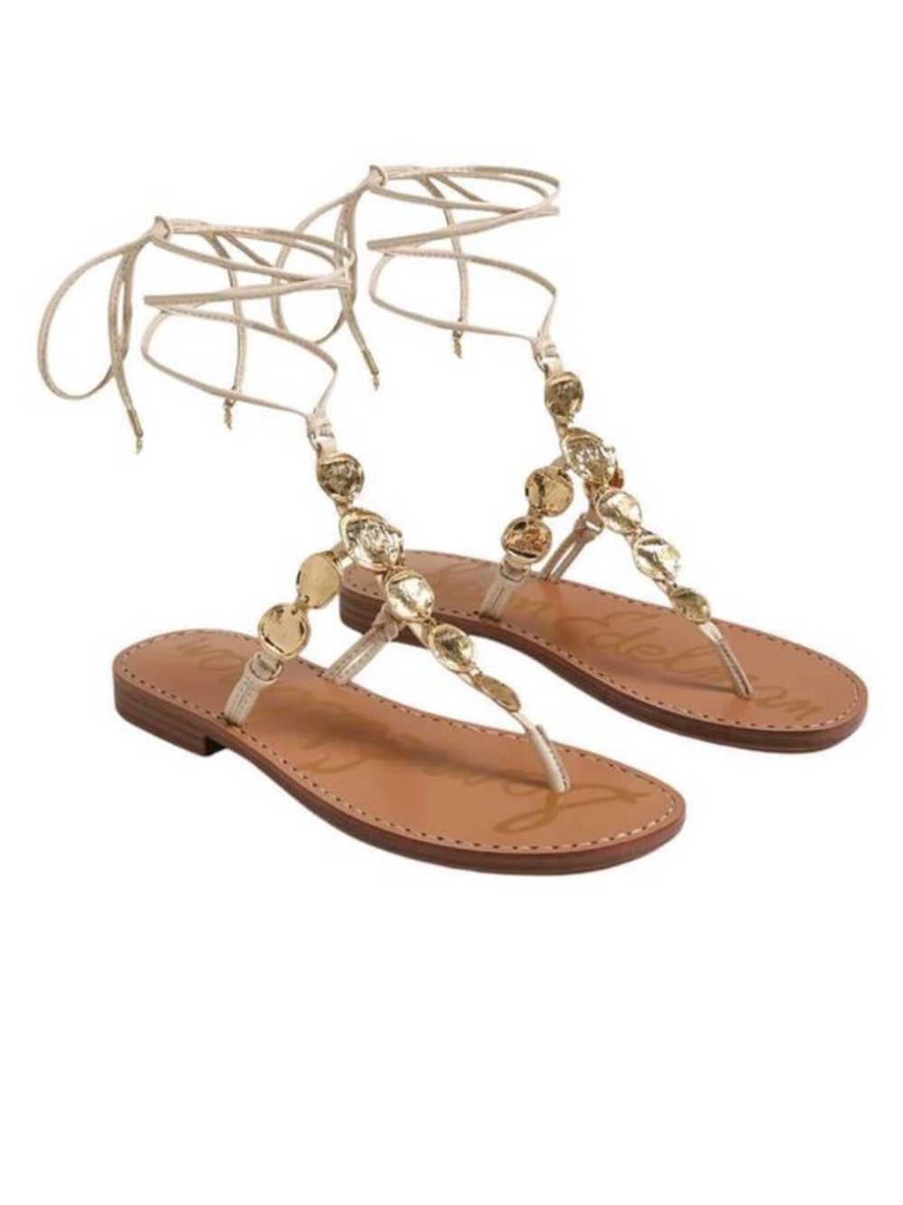 Sam Edelman Gold T-Strap Lace-Up Sandals